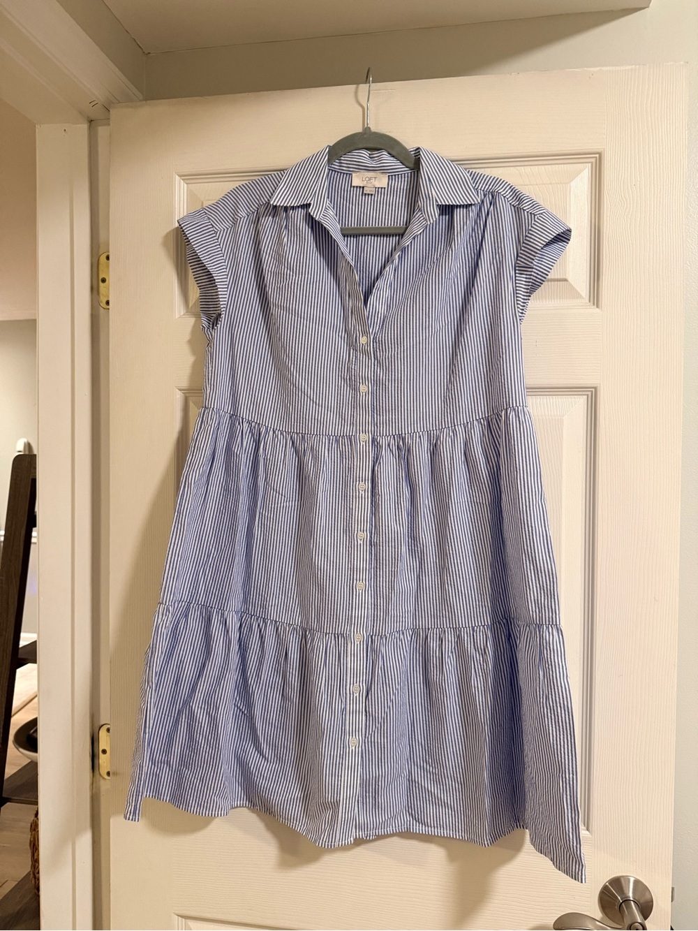 LOFT Blue and White Striped Button-Up Mini Dress